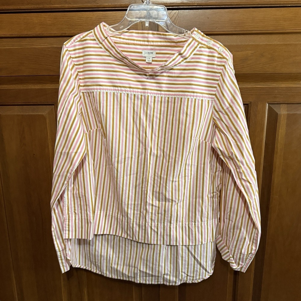 NWT J Crew 100% Cotton Striped Funnel Neck Blouse Wide Sleeve Top Pink Bronze 12